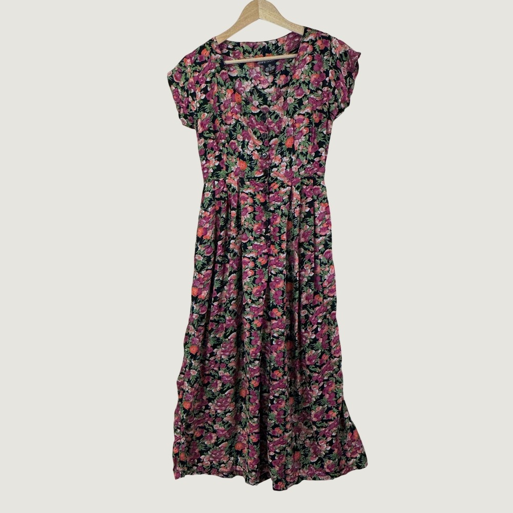 Awesome Floral Maxi Jumpsuit Womens S Black Pink Rayon 90s‎ Cottagecore Boho VTG